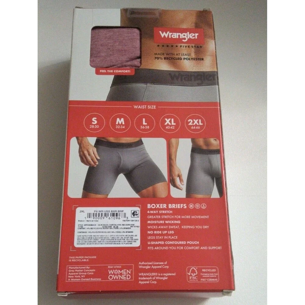 Wrangler Men’s Boxer Briefs Pack — Gray  Black Red New 6 Pack Size 2X 2XL 44-46